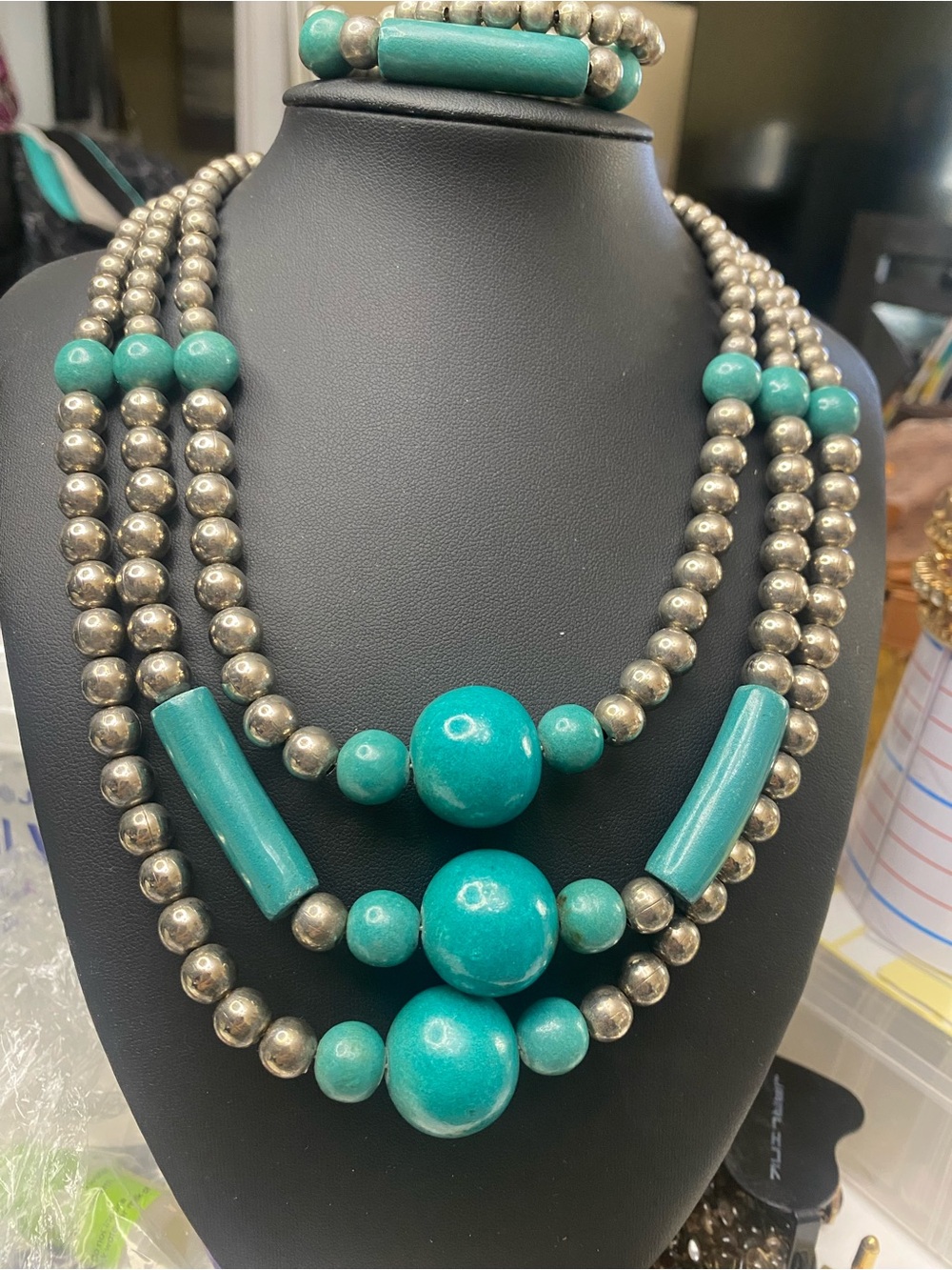 Vintage Karla Jordan 3 Strand Turquoise Blue Silver Tone Necklace & Bracelet Set